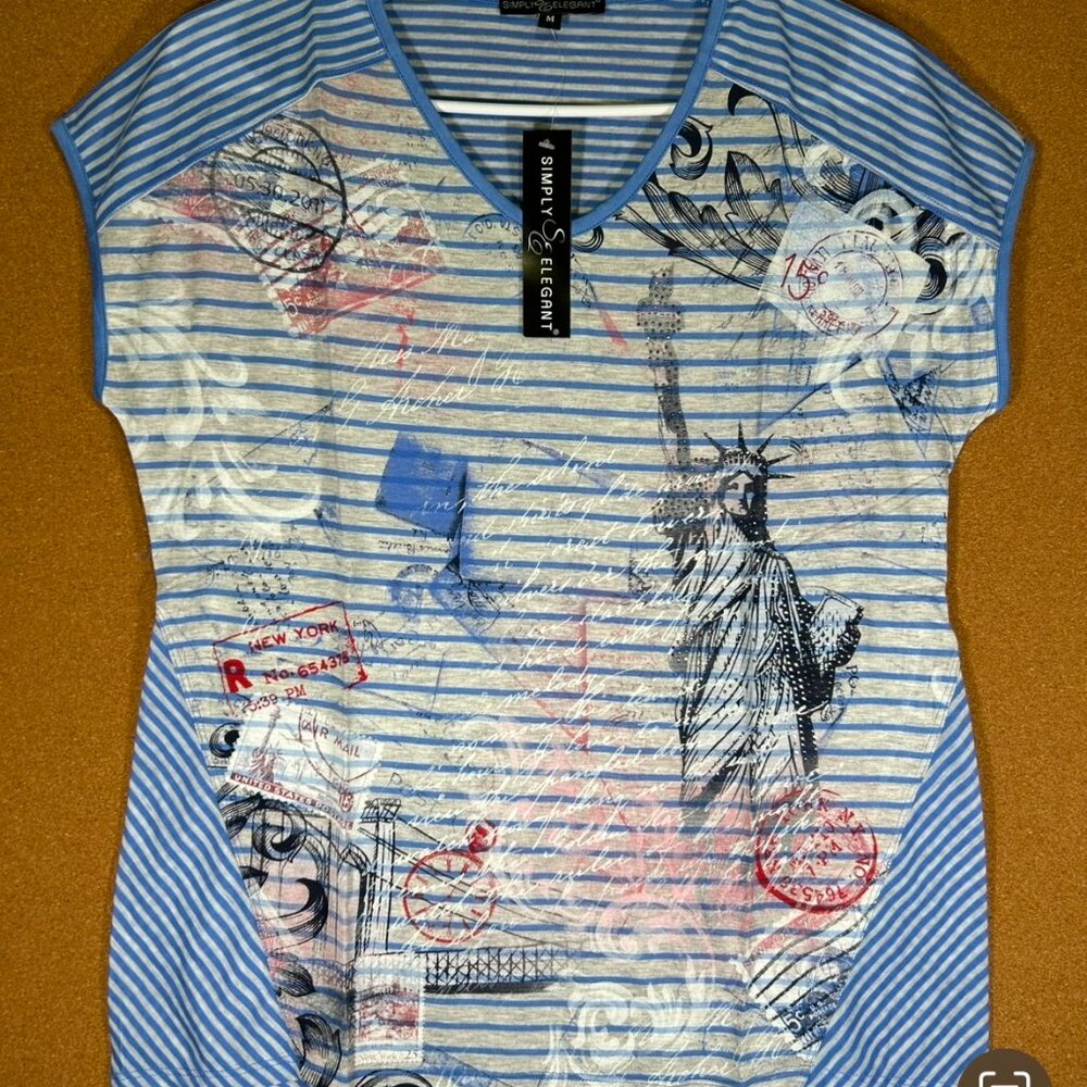 Simply Elegant Women Blue & Light Grey Lines XL Top V Neck Short Sleeve Blouse